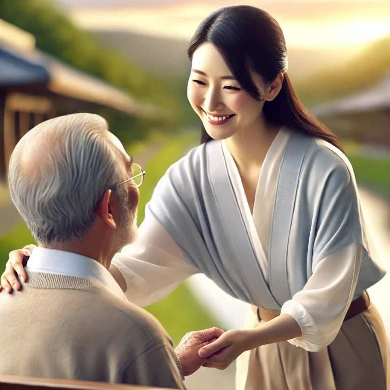 ライフパスナンバー9を持つ人の特徴である奉仕の姿です。若い女性が高齢の男性を優しく支えています。