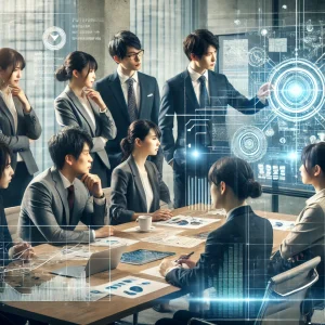 チーム会議で未来的なプロジェクトについて議論する日本人男女のビジネスチーム。ホワイトボードやモニターを使って戦略を共有する様子。
