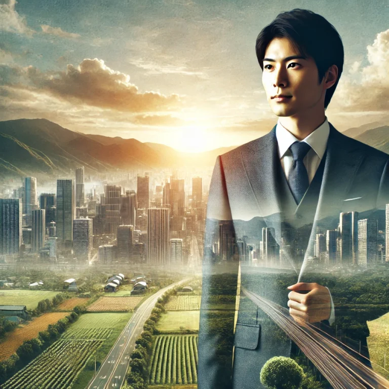 未来的な都市と自然が調和する風景の中で、スーツ姿の日本人が堂々と立ち、未来を見据えている様子。