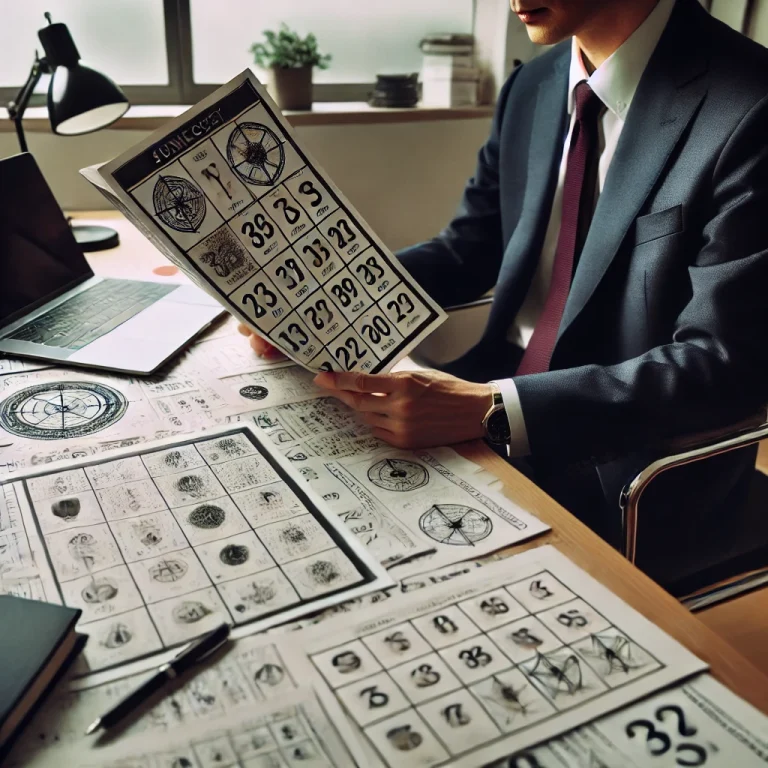 数秘術を用いて未来予測を行う日本人のビジネスパーソン。デスクで資料を確認し、将来の計画を立てている様子