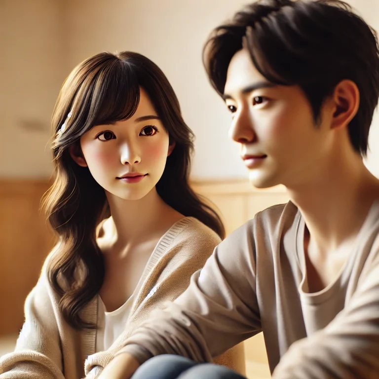 お互いを見つめ合い、穏やかな表情で話し合っている日本人カップル