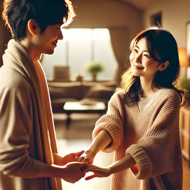 深い結びつきを表現する日本人カップルが室内で微笑み合っている