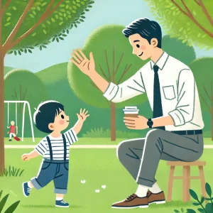 子どもと楽しく遊ぶ父親のイラスト画です。