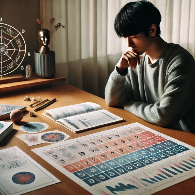 個人の成長戦略を考えるために数秘術チャートを見ながら自己反省している日本人。静かな勉強部屋で、自己改善の計画を立てる様子。