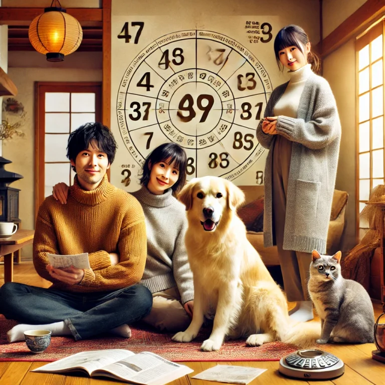 数秘術でペットも幸せに暮す家族のシーン