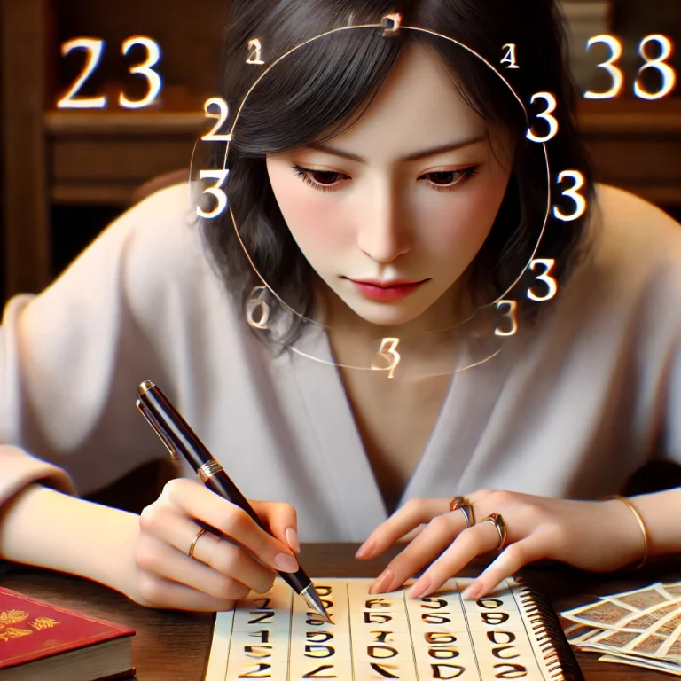 計算に集中する日本人女性がメモ帳とペンを使ってライフパスナンバーを求めている場面。