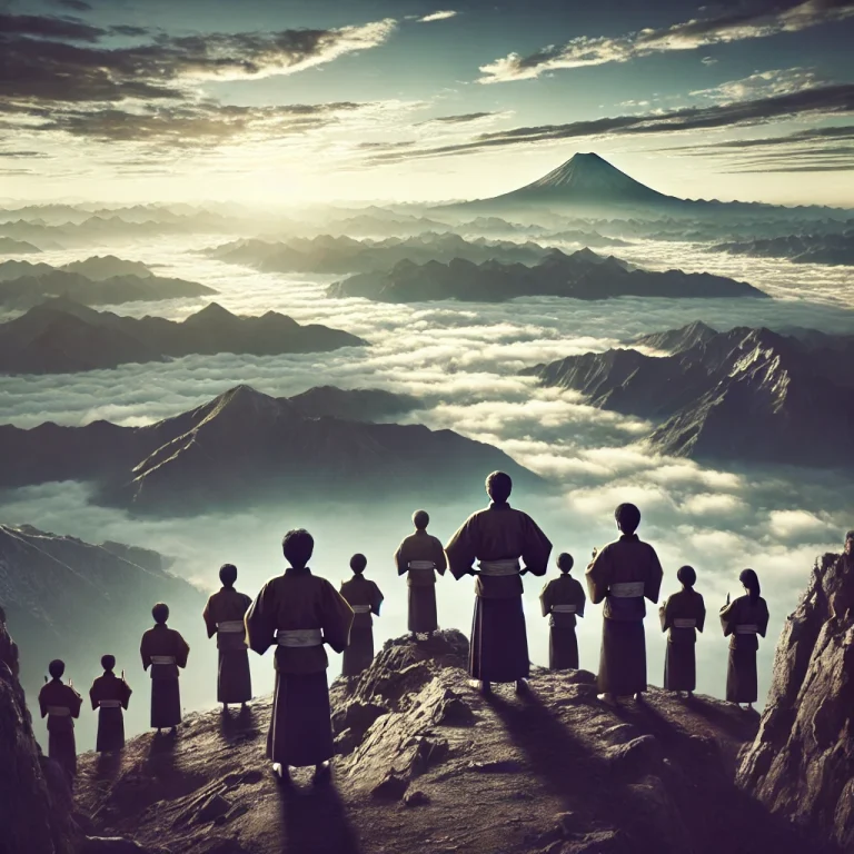 山頂に到達し、広大な景色を眺めながら達成感を感じる日本人男女が未来を見据えている様子。