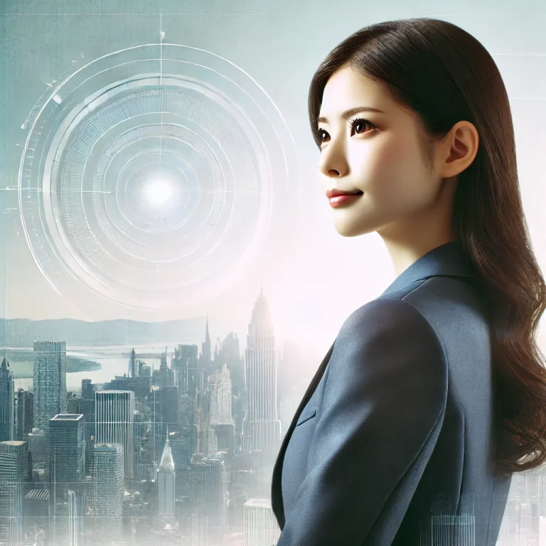 未来的な都市を背景に立つ日本人女性が、自信に満ちた表情で周囲の風景を見渡している様子。マスターナンバー33の女性です。