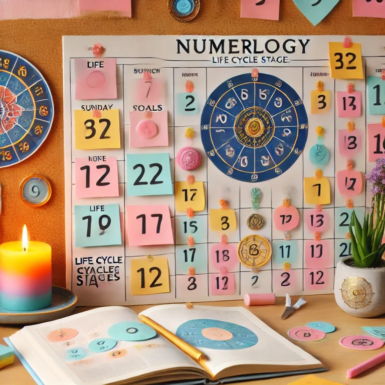 数秘術に基づく目標とライフサイクルの段階が記された付箋が貼られた整然としたビジョンボード。デスクには数秘術の本、輝くキャンドル、小さな観葉植物が置かれ、人生計画における調和と進歩を象徴している。