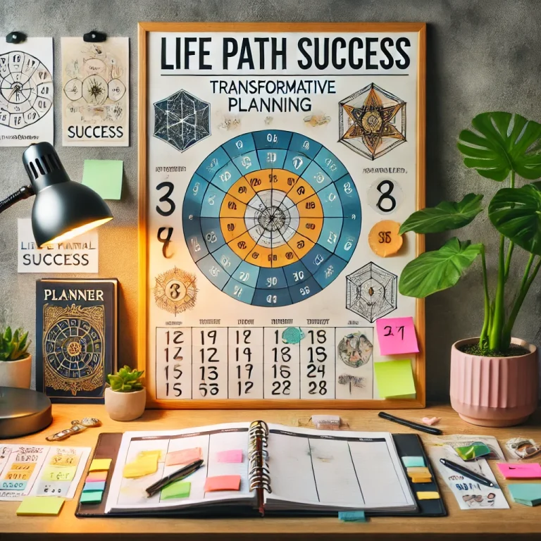 数秘術チャート、目標が記された付箋、『ライフパス成功』と記されたプランナーが配置されたビジョンボード。デスクには温かい光を放つランプ、モチベーションを高める名言、小さな植物が置かれ、変革的な計画と成功を象徴している。
