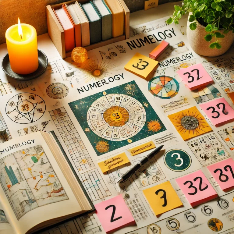 数秘術のビジョンボードに、付箋やハイライトされたライフイベント、数秘術チャートが配置されている。机には点灯したキャンドル、開いた数秘術の本、観葉植物が置かれ、調和と計画の重要性を象徴している。