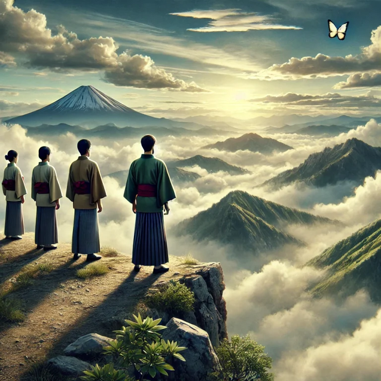 山頂で広大な景色を見渡し、未来を考える日本人男女が直感力を活かして新たな可能性を探求している様子。