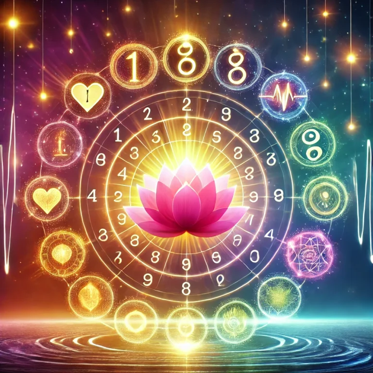 数秘術を通じた健康と長寿を象徴するイメージ。光る数字1から9が円形に配置され、心臓や蓮の花、輝くエネルギーが描かれた調和的なデザイン。