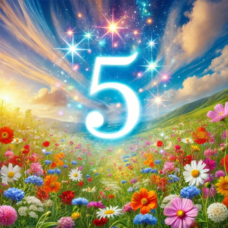 明るい青空の下、色とりどりの野花が咲き誇る生き生きとした草原。数秘術に基づく喜びと活力のパワースポットを象徴しています。自由と柔軟性を表す数字5が自然の風景に溶け込むように輝いています。