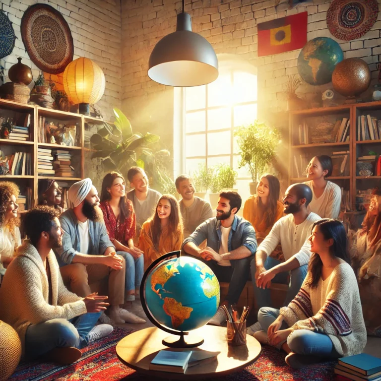 異文化交流を象徴する和やかなシーン。多様な文化背景を持つ人々が、明るく快適な部屋で会話や笑いを楽しんでいる。手前には地球儀や異文化についての本が置かれ、交流と理解の大切さを表現した一枚。