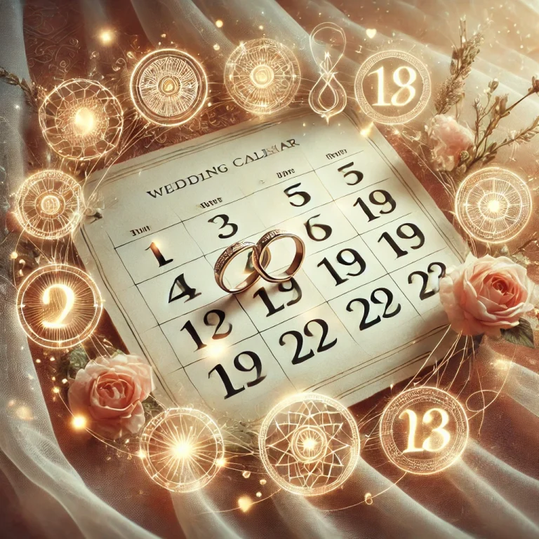 結婚式のカレンダーに光る日付が描かれ、数秘術の象徴として輝く数字や絡み合うリングが添えられたロマンチックなデザイン。