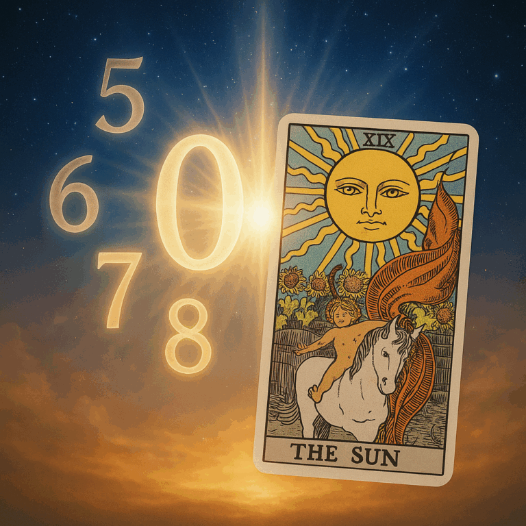 数秘術とタロットのカードが融合し、希望に満ちた未来を象徴する幻想的な光が輝いている画像