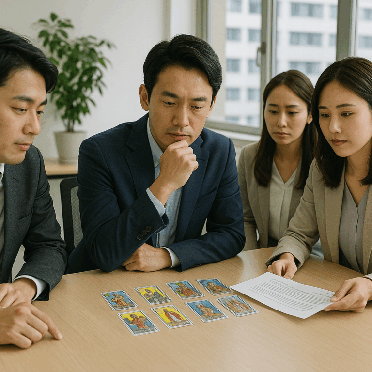日本人ビジネスパーソン数名が、明るいオフィスでタロットカードと資料を広げながら仕事運について考えているシーン。