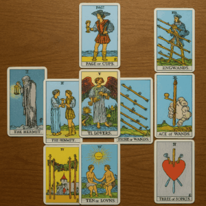 恋愛のテーマに合わせて配置されたタロットカードのケルト十字スプレッド