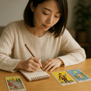 日本人女性がテーブルに「魔術師」や「女帝」のカードを並べて解釈を考えている場面。