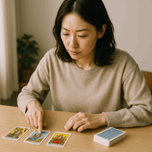 テーブルに「女帝」「魔術師」「星」を並べ、財運のメモを取る日本人女性