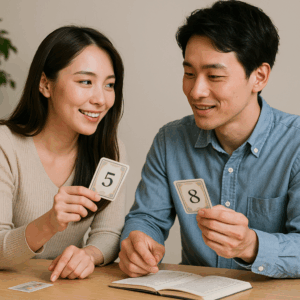 日本人男女がカードを手に取りながら、お互いの運命数について語り合っている写真風シーン。