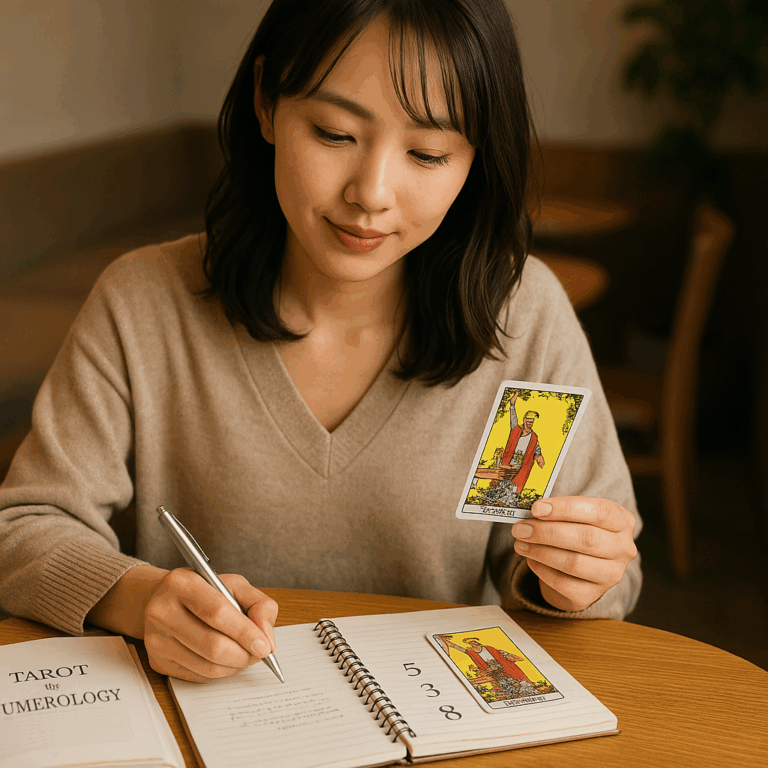 日本人女性がタロットカードと数秘術の本を机に広げ、静かにカードを見つめている写真風イメージ。