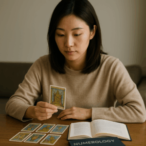 カフェでノートを開き、タロットカードと運命数のメモを照らし合わせながら自己分析をしている日本人女性。