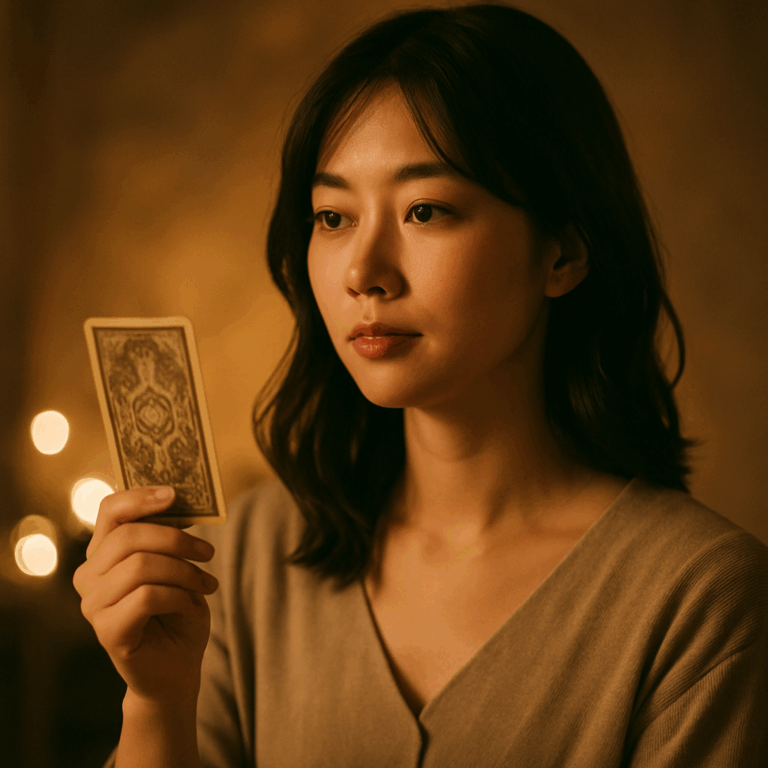 神秘的な雰囲気でタロットカードを手に未来を見つめる日本人女性