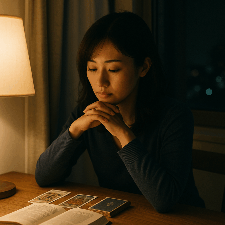 夜の窓辺、カードと本を前に深く思索する日本人女性