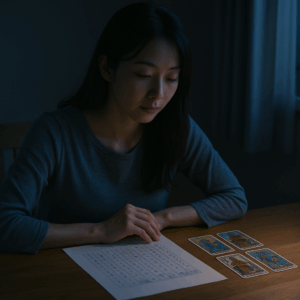 夜、カードと本を前に深く思索する