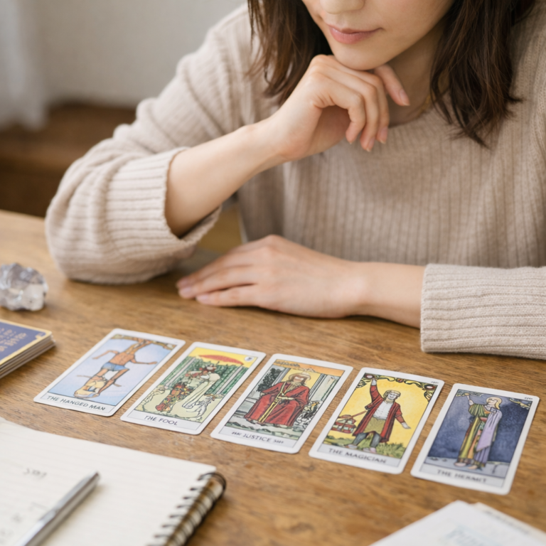 タロットカードを並べ、行動計画を静かに考えている日本人女性の手元アップ