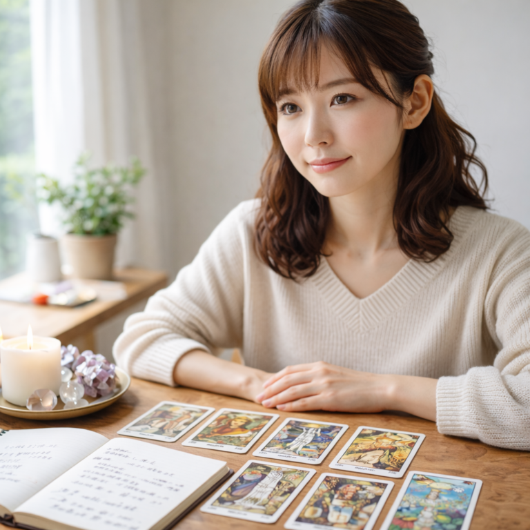 占い道具を机に整え、穏やかな表情で前を見つめる日本人女性