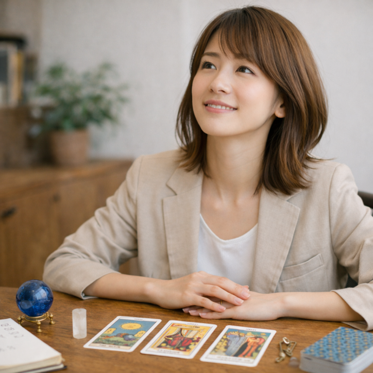 占い道具を机に整え、前向きな表情で仕事の成功を見据える日本人女性