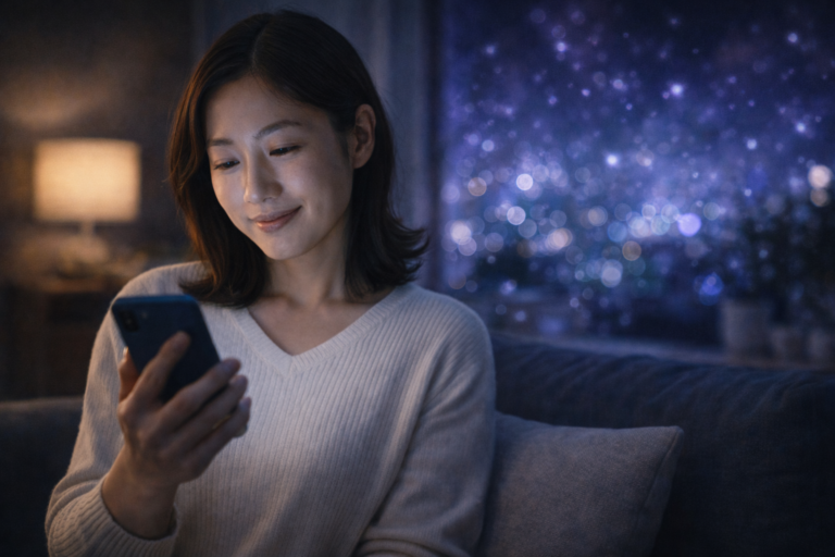 夜の静かな室内でスマートフォンを見つめ安らぐ30代女性と柔らかな光のイメージ