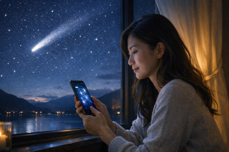 夜の窓辺でスマートフォンの画面を見つめながら安らぐ30代女性と夜空を流れる彗星のイメージ