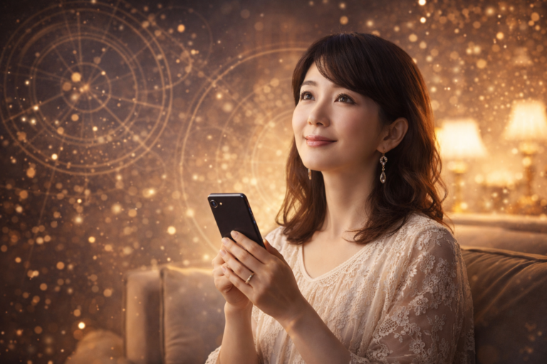 電話占いヴェリテでスマートフォンの鑑定を受ける40代女性の安らぎと希望の表情