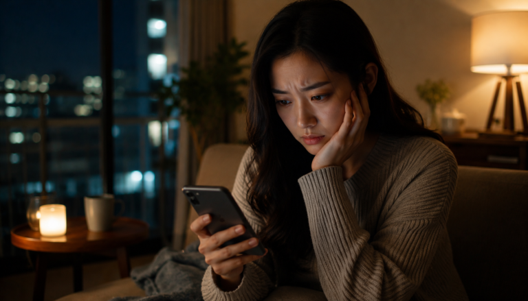夜の部屋でスマートフォンを持ちながら電話占いを利用するか悩んでいる日本人女性のリアルなイメージ