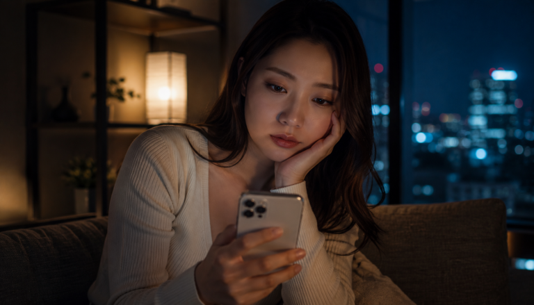 夜の部屋でスマートフォンを握りながら恋愛や復縁の悩みについて真剣に考えている日本人女性のリアルな様子
