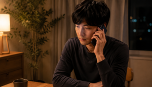 落ち着いた部屋でスマートフォンを使い深夜に電話相談をしている日本人のリアルな様子