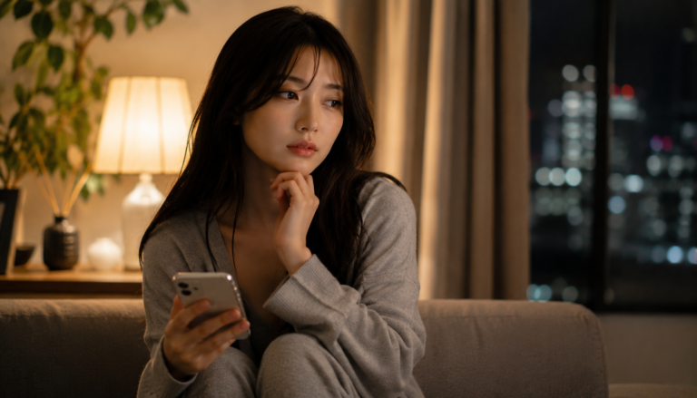 電話占い絆の評判を確認しながらスマートフォンで相談先を選ぶ日本人女性の写真風イメージ
