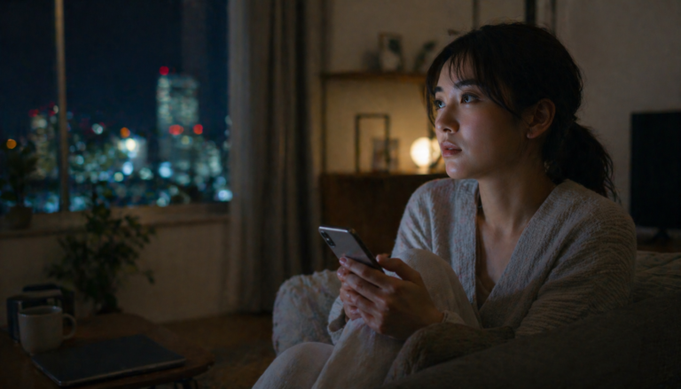 スマートフォンを手に夜の室内で悩みを抱えながら考え込む日本人女性のリアルな様子