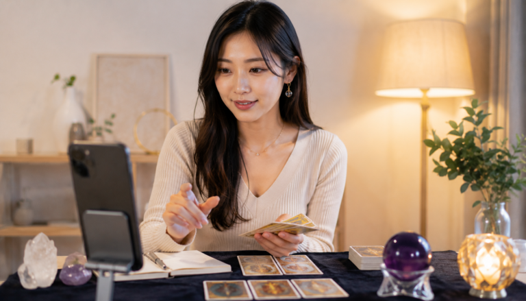 自宅の静かな部屋でスマートフォンとノートを使いながら電話占いの開業準備を進める日本人女性の写真風イメージ